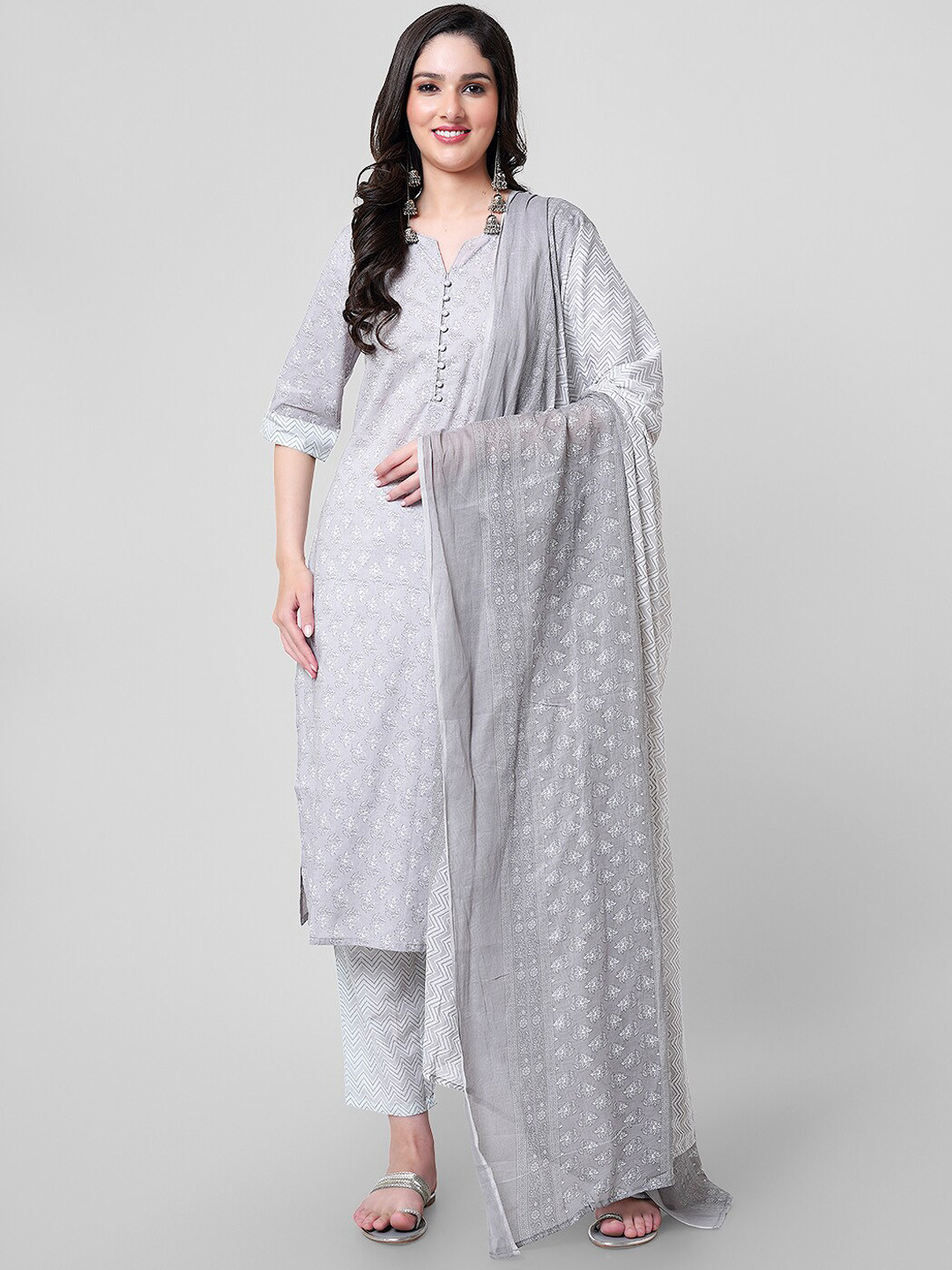 

JANAKDULARI CREATION Floral Printed Regular Pure Cotton Kurta With Trouser & Dupatta, Grey