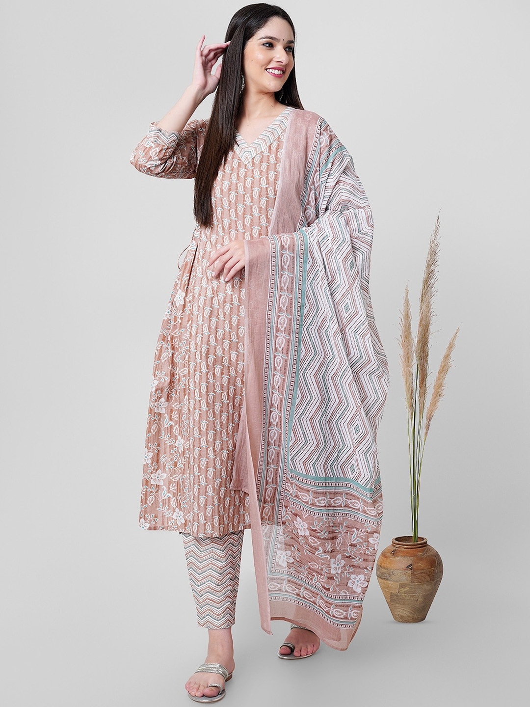 

JANAKDULARI CREATION Floral Printed Pure Cotton Gotta Patti Kurta With Trousers & Dupatta, Beige