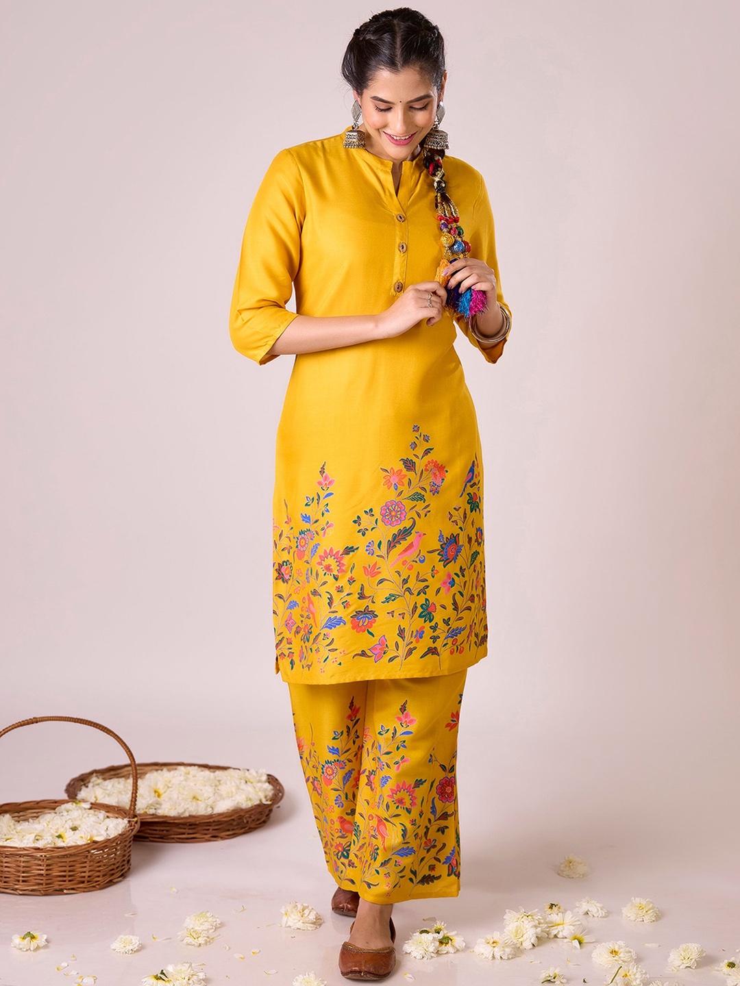 

SURHI Mandarin Collar Floral Printed Straight Kurta with Palazzo, Yellow