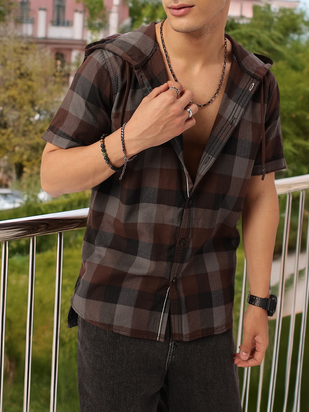 

Classic Checks, Varsity Style Hooded Relaxed Shirt, Brown
