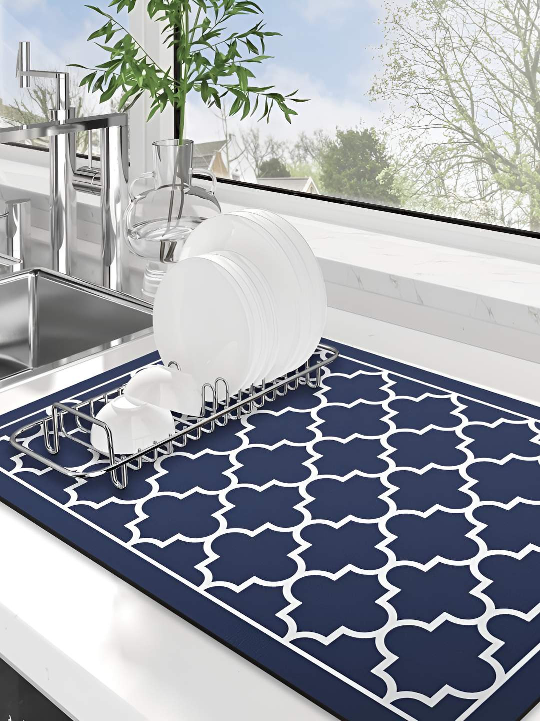 

HomeCloud Navy blue Printed Dish Drying Mat