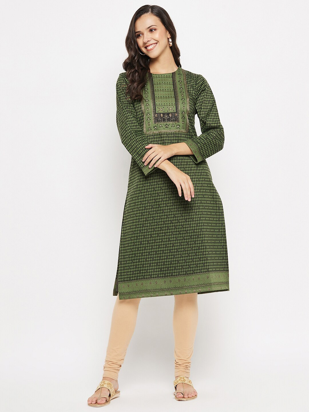 

TWIX Printed Round Neck Straight Kurta, Green