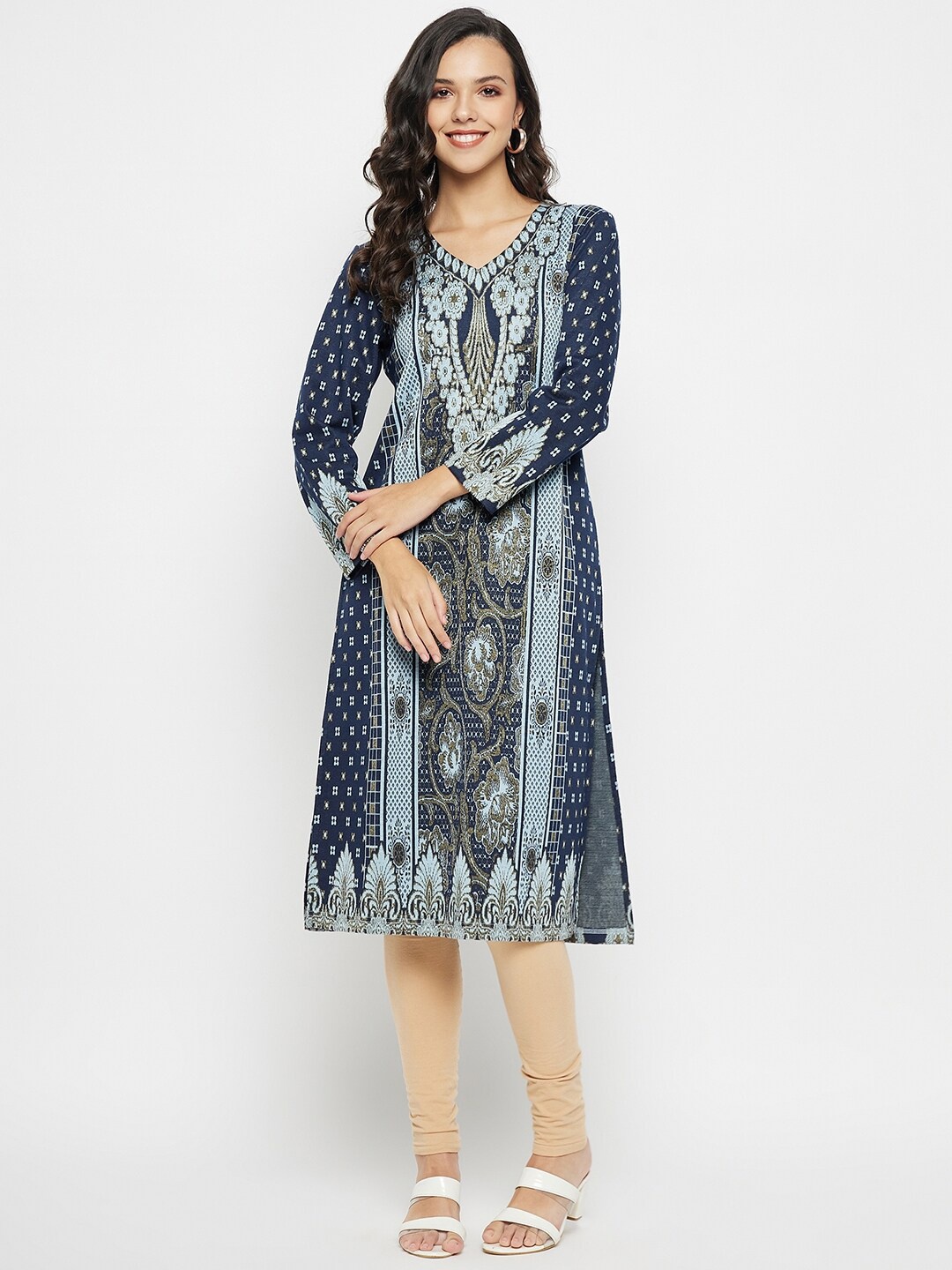 

TWIX Printed V-Neck Straight Kurta, Navy blue