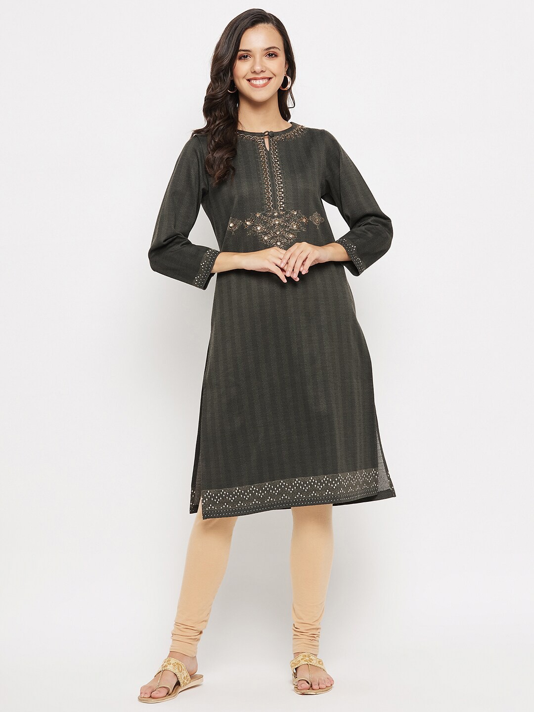 

TWIX Printed Keyhole Neck Straight Kurta, Olive