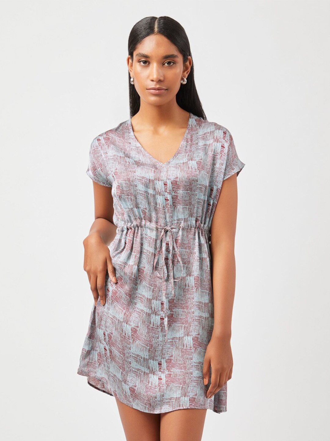 

Contemponari Abstract Print V-Neck Extended Sleeves Satin Fit & Flare Dress, Blue