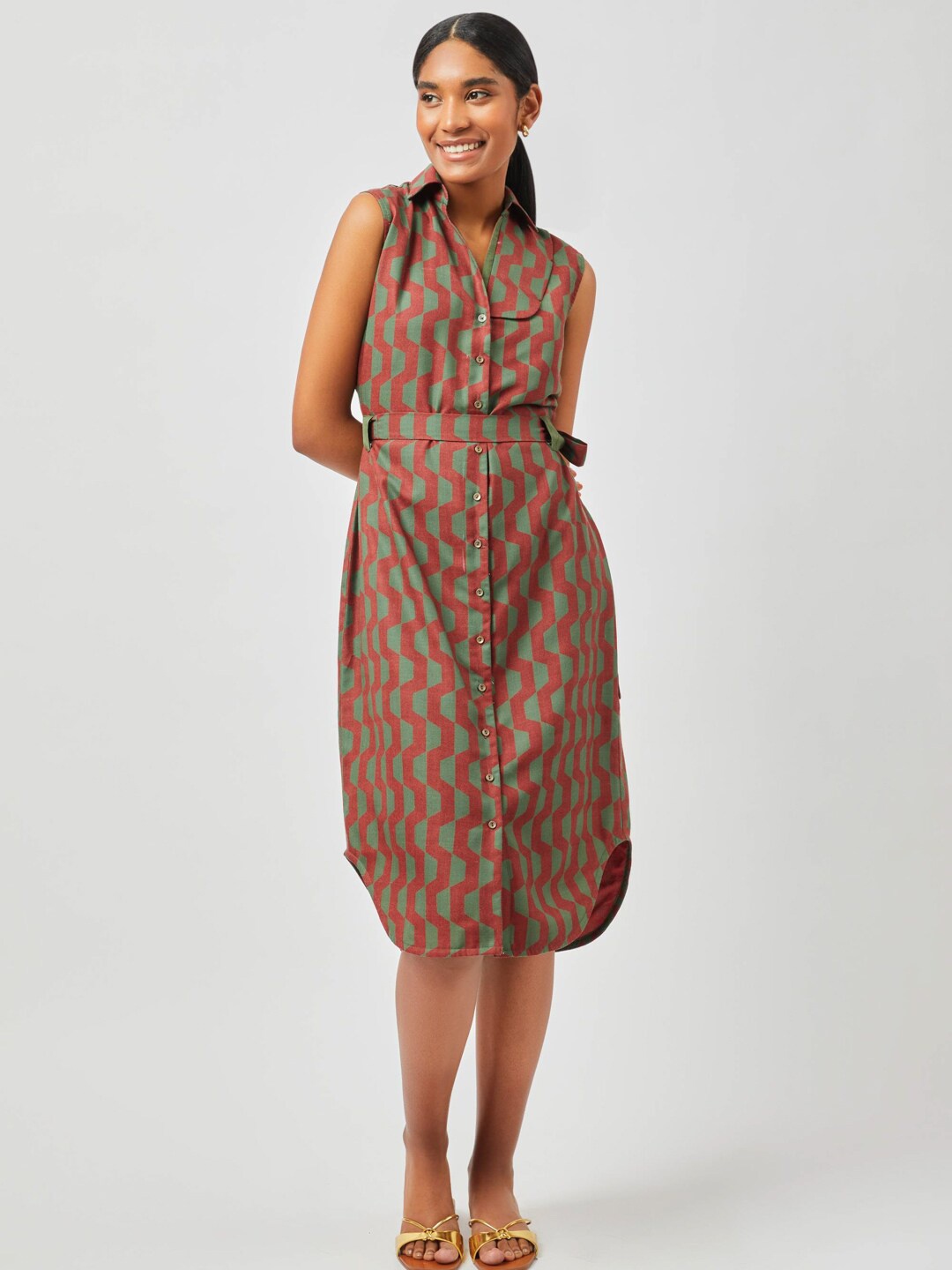 

Contemponari Geometric Print Sleeveless Linen Shirt Midi Dress, Green
