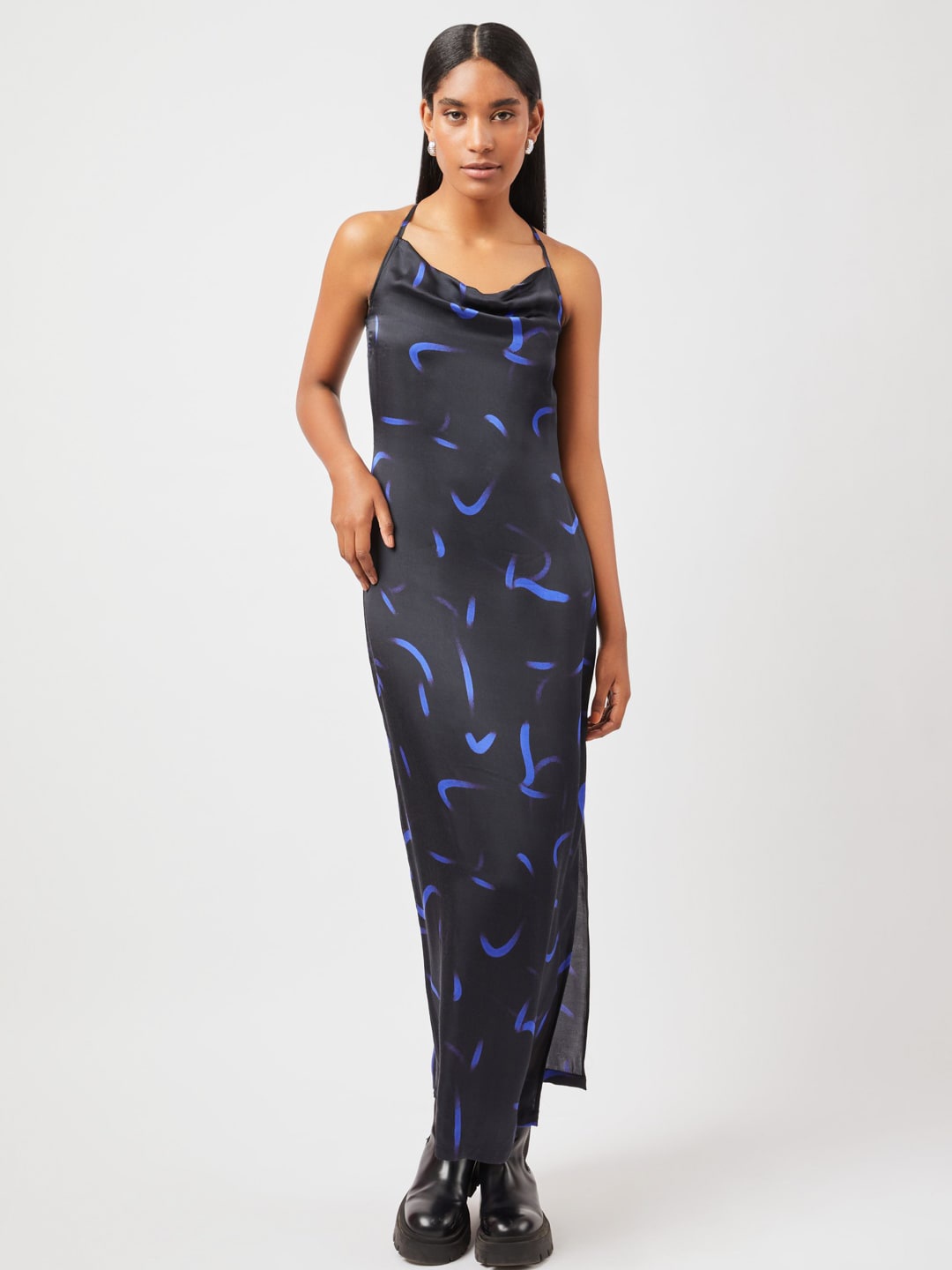 

Contemponari Abstract Print Shoulder Straps Sleeveless Satin Maxi Dress, Black
