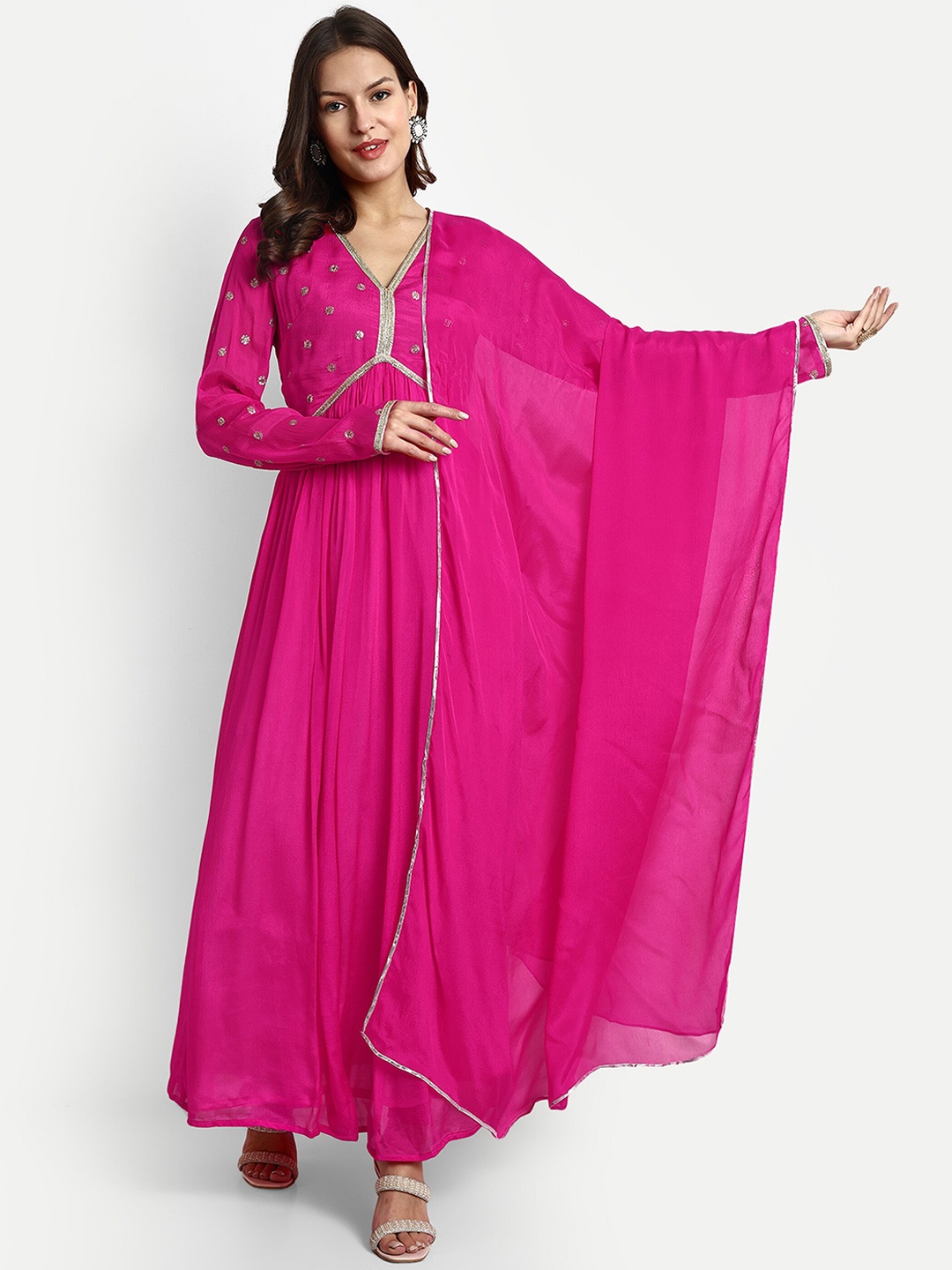 

GENDAFOOL Ethnic Motifs Embroidered Empire Gotta Patti Anarkali Kurta, Pink