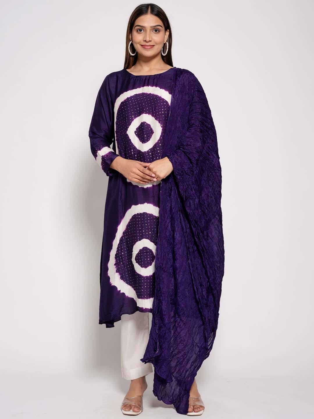 

AFFAIRE'S BY LEVELL5 Geometric Dyed Round Neck A-Line Kurta with Trousers & Dupatta, Purple