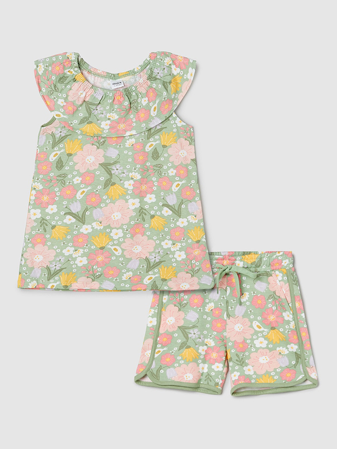 

max Girls Floral Printed Pure Cotton Top & Shorts, Green