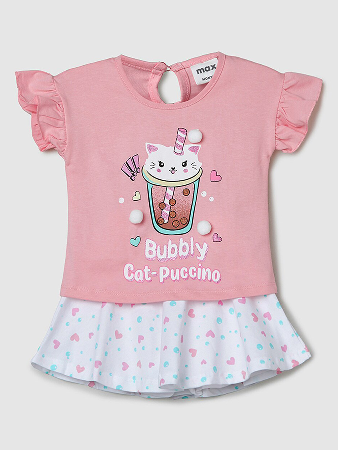 

max Infant Girls Graphic Printed Pure Cotton Top & Skirt, Pink