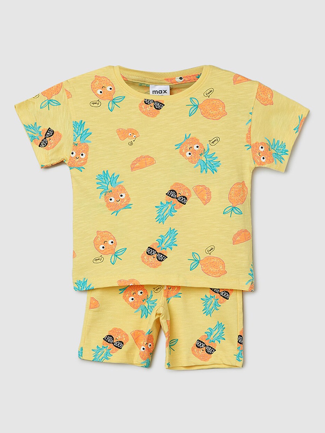 

max Infants Boys Printed Pure Cotton T-shirt With Shorts, Yellow