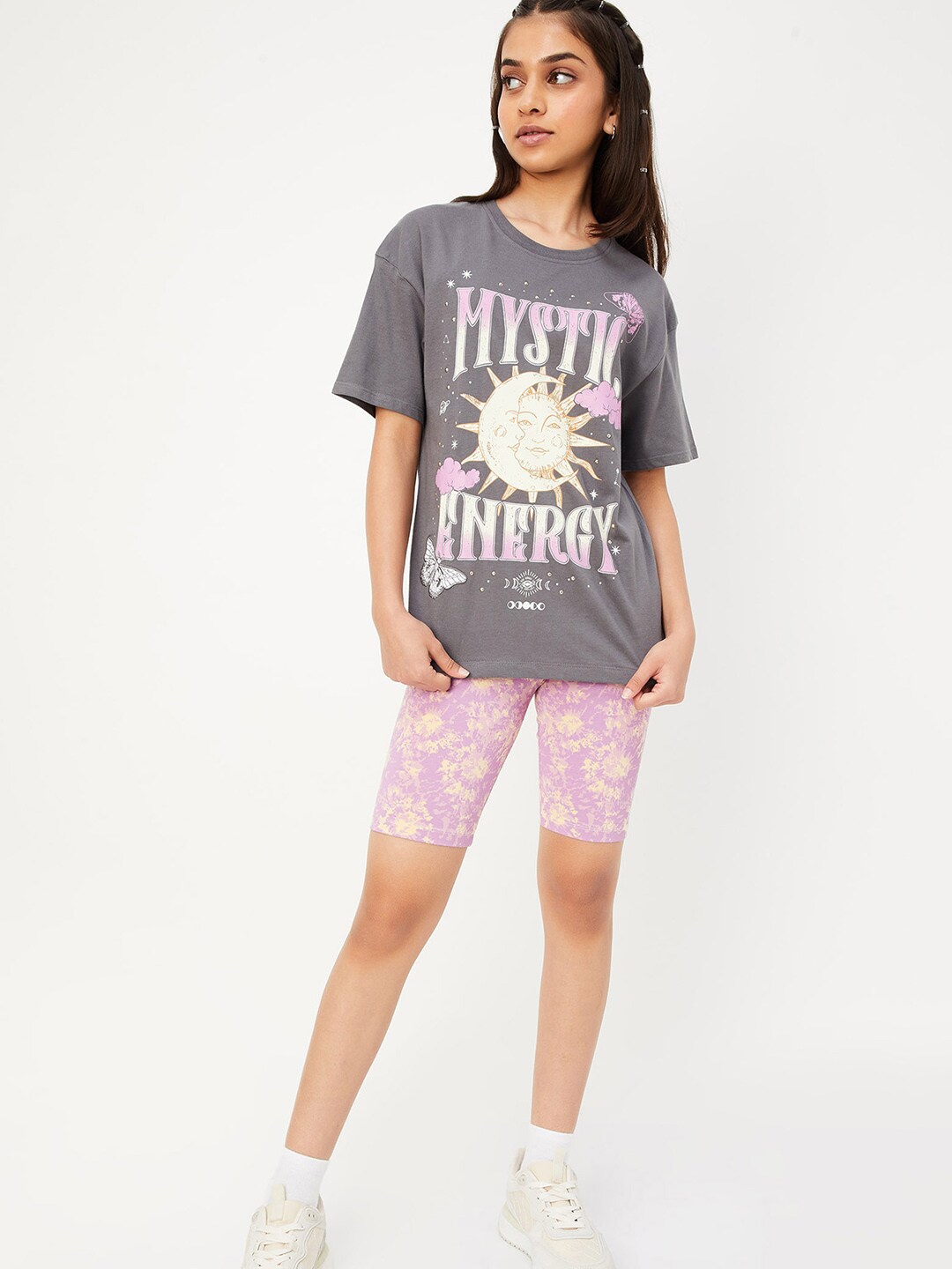 

max Girls Typography Printed Pure Cotton T-shirt & Shorts, Grey