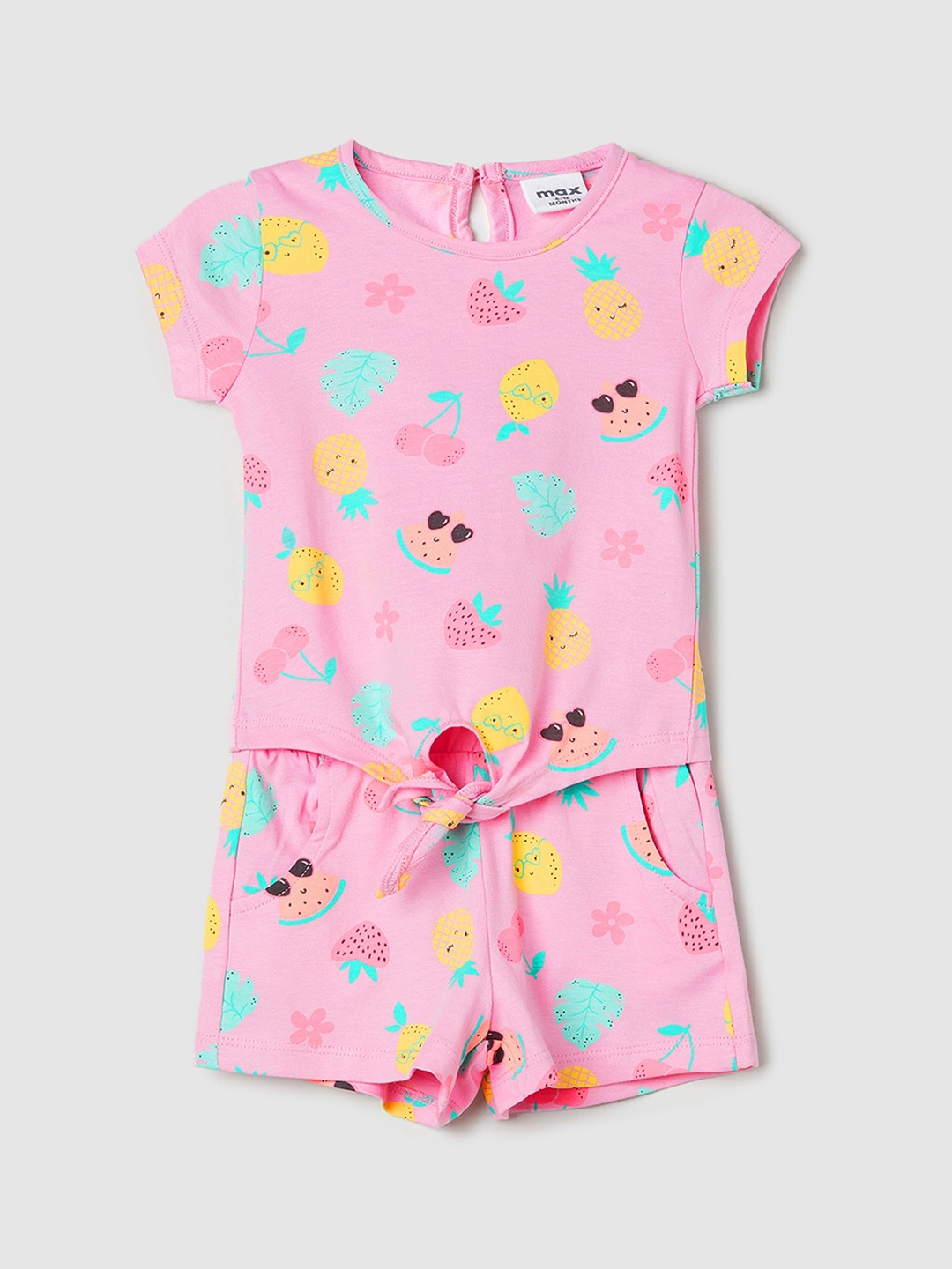 

max Infant Girls Conversational Printed Pure Cotton Top & Shorts, Pink