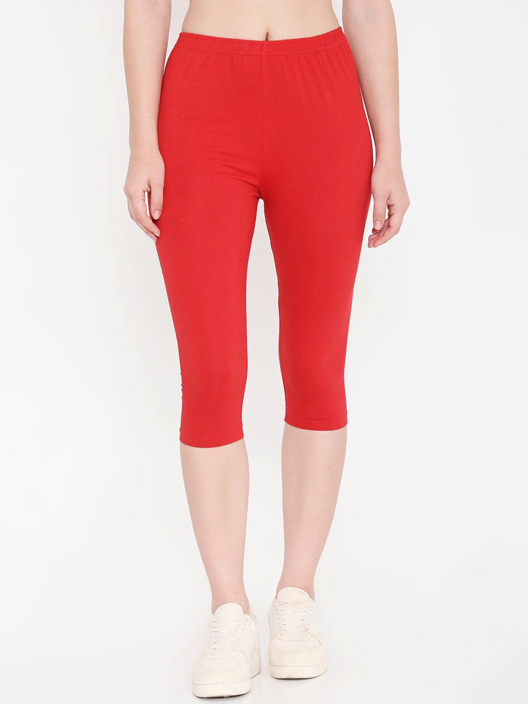 Feelings Plus Size Slim-Fit Cotton Mid-Rise Capri, Red