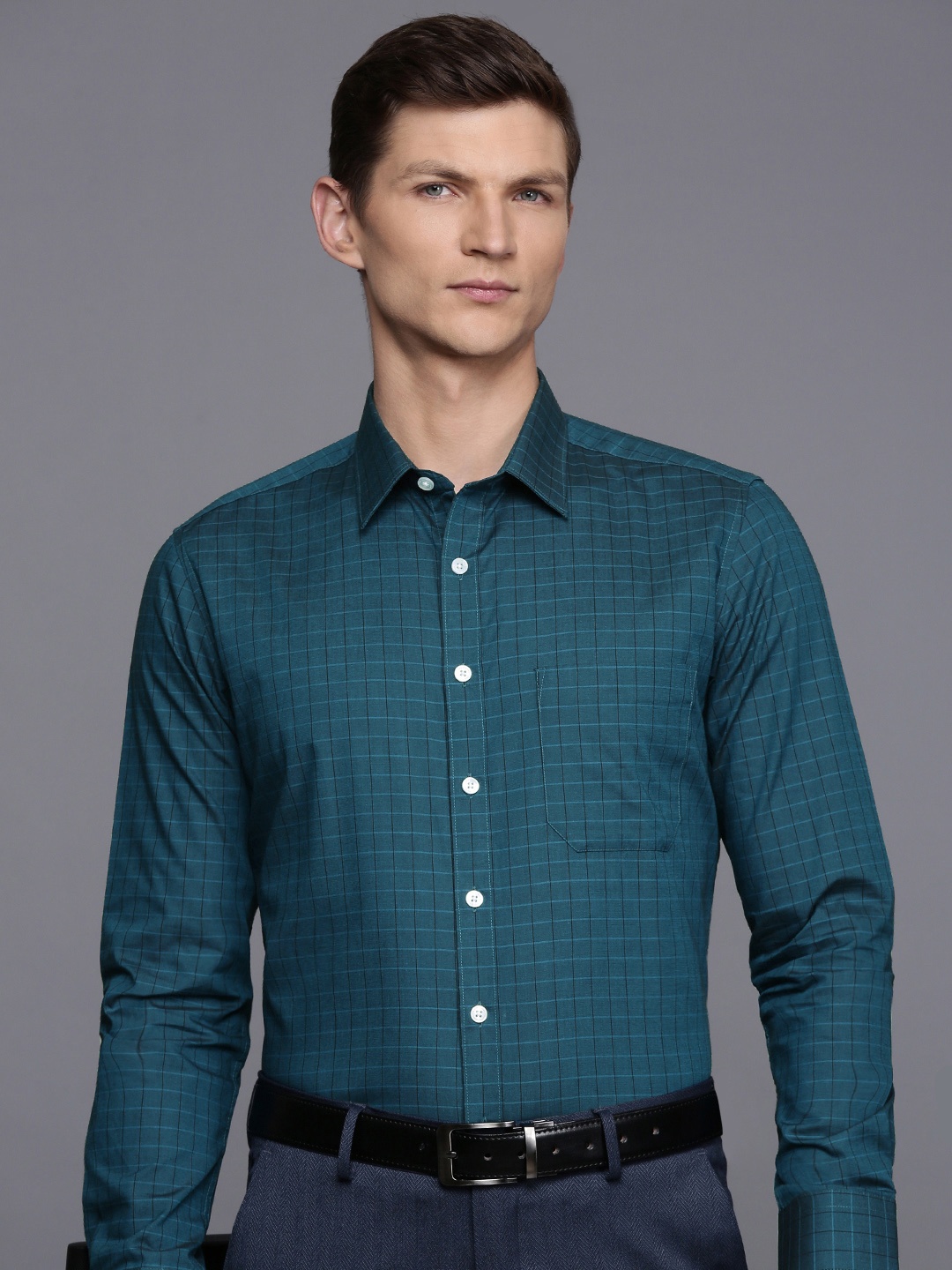 

Louis Philippe Pure Cotton Slim Fit Checked Formal Shirt, Teal