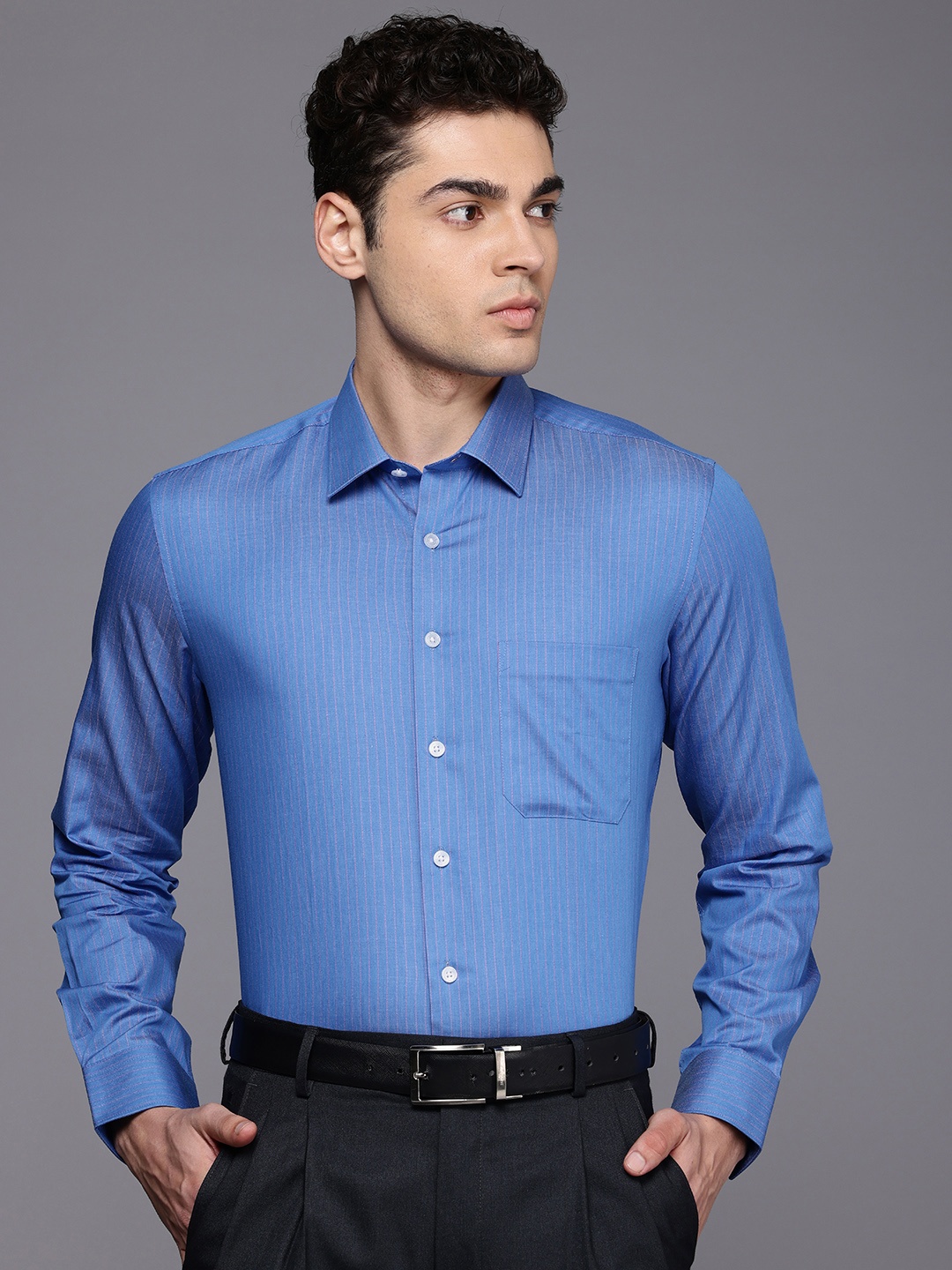 

Louis Philippe Pure Cotton Slim Fit Opaque Striped Formal Shirt, Blue