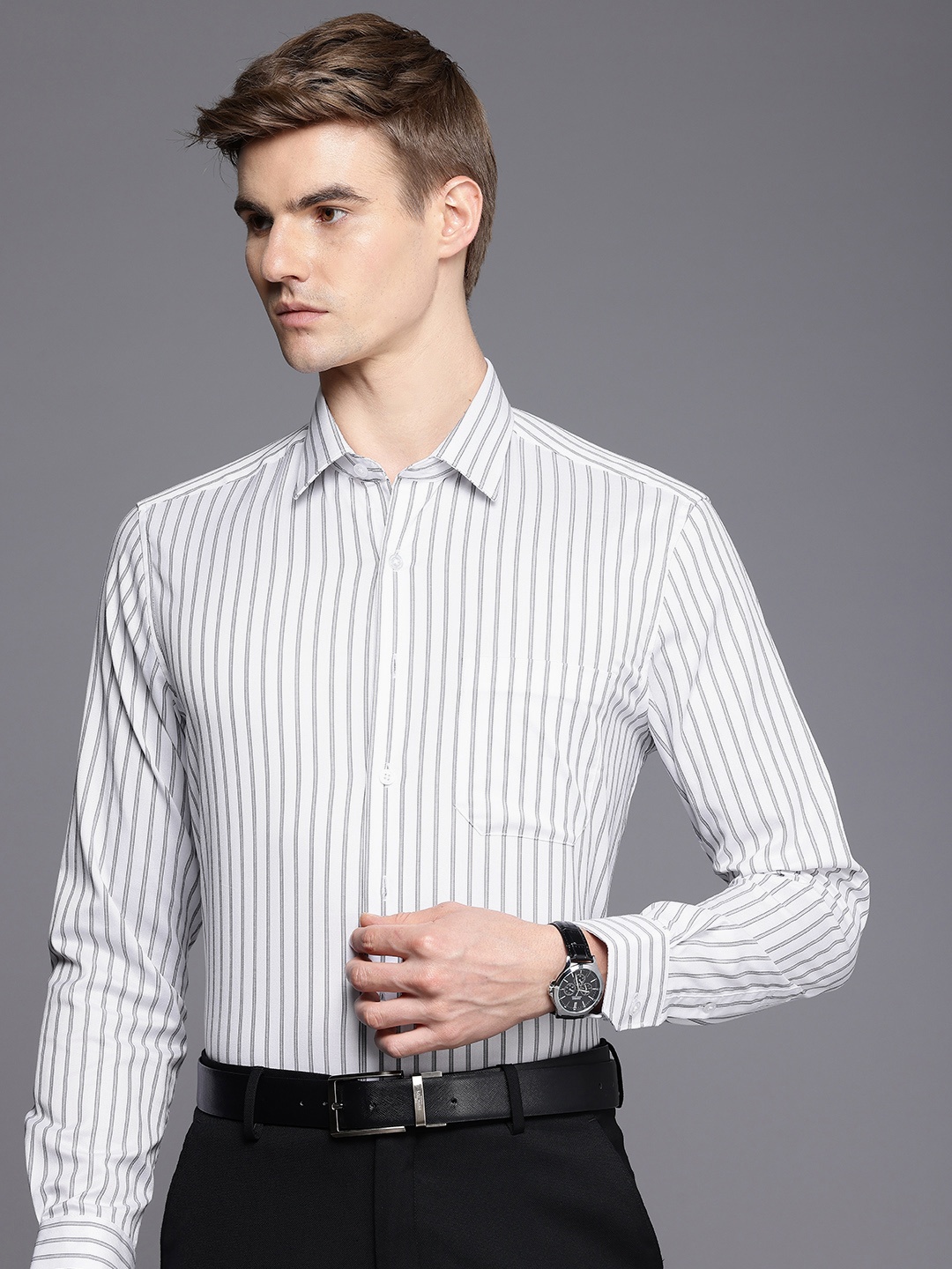 

Louis Philippe Slim Fit Striped Cutaway Collar Formal Shirt, White