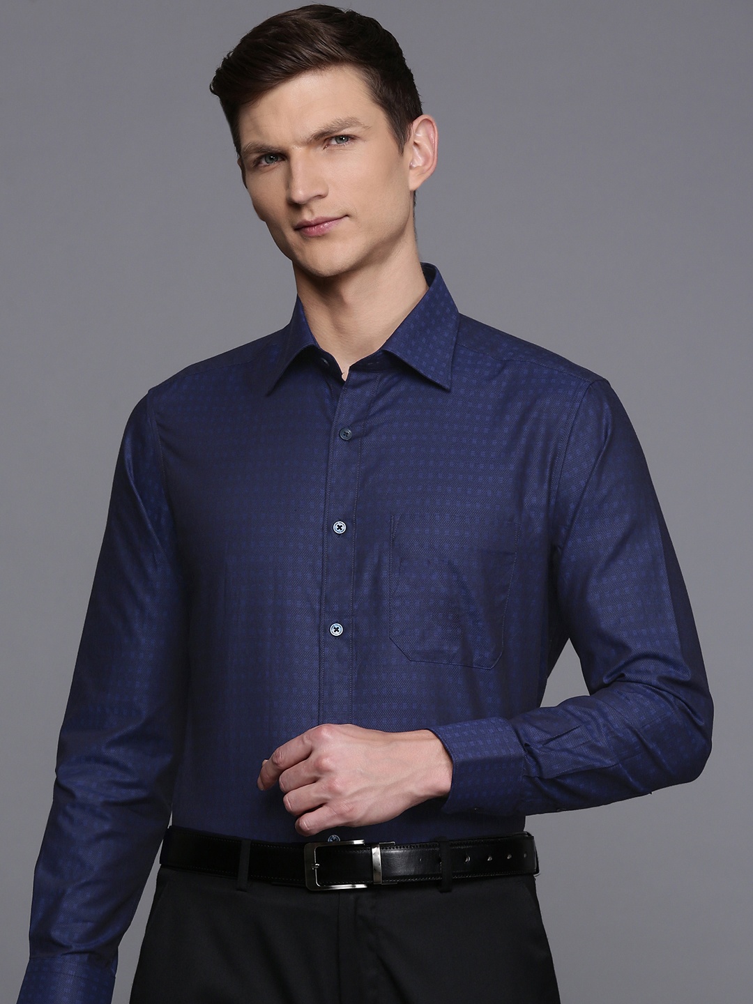 

Louis Philippe Pure Cotton Self Design Classic Fit Textured Formal Shirt, Navy blue