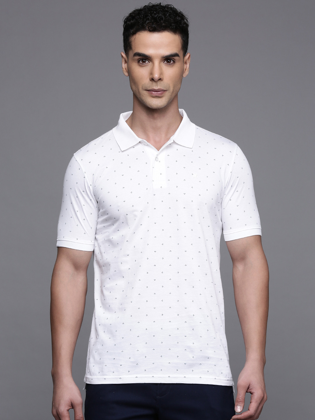 

Louis Philippe Pure Cotton Geometric Printed Polo Collar T-Shirt, White