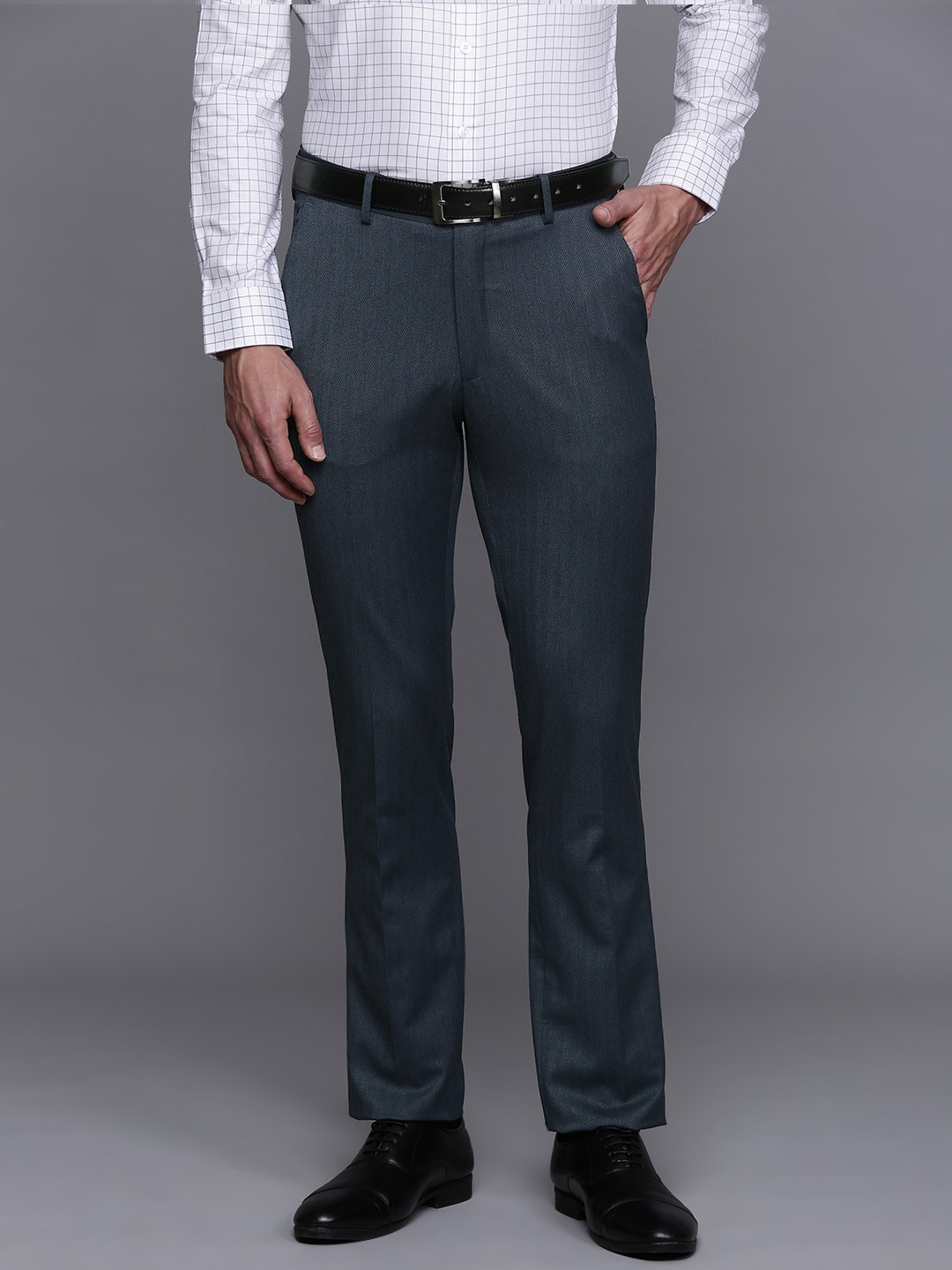 

Louis Philippe Men Self Design Textured Slim Fit Formal Trousers, Blue