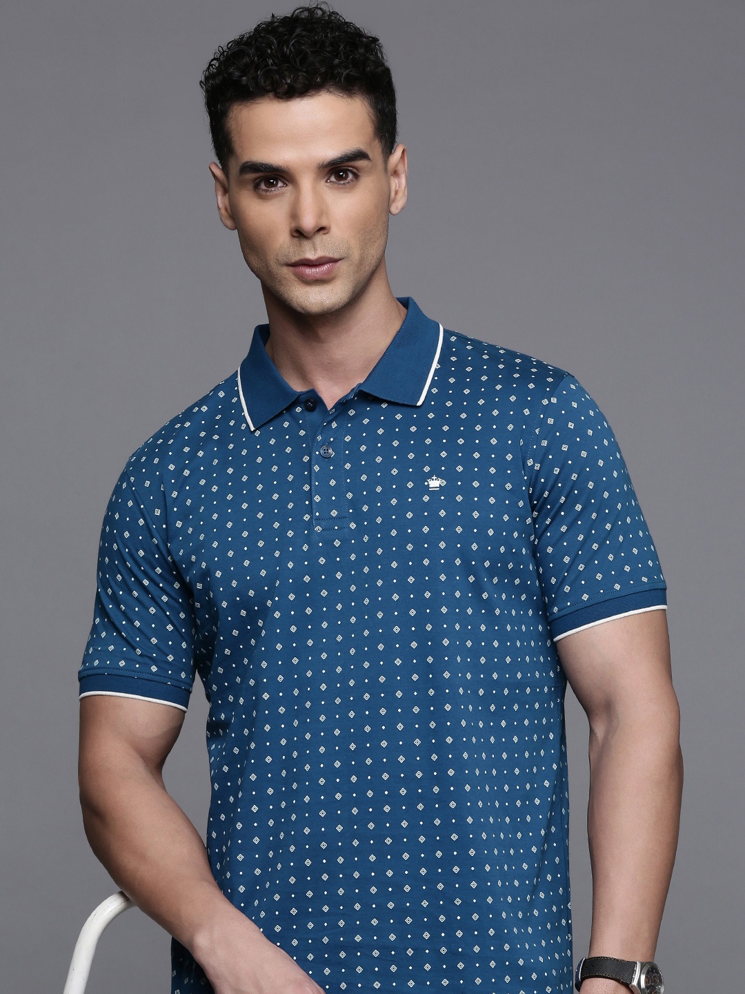 

Louis Philippe Pure Cotton Geometric Printed Polo Collar T-shirt, Blue