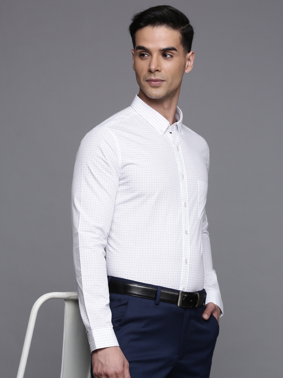 

Louis Philippe Super Slim Fit Checked Pure Cotton Formal Shirt, White