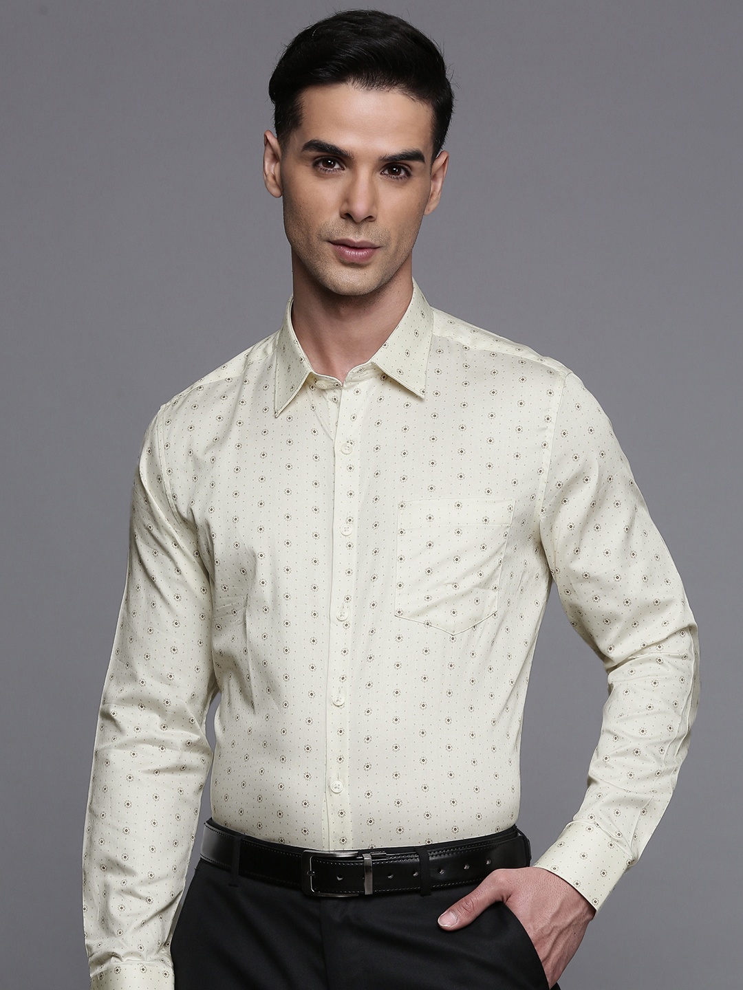 

Louis Philippe Men Slim Fit Pure Cotton Ethnic Print Formal Shirt, Cream