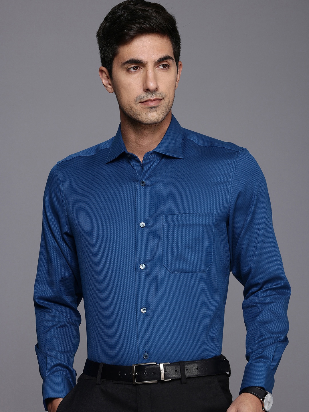 

Louis Philippe Pure Cotton Self-Design Textured Classic Formal Shirt, Blue