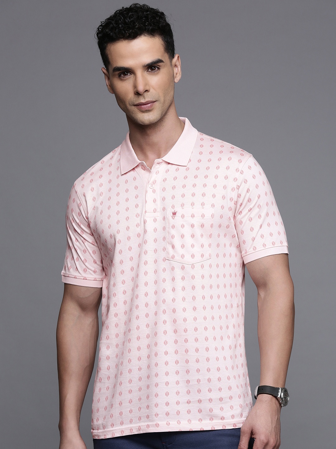 

Louis Philippe Printed Polo Collar Pure Cotton Pockets T-shirt, Pink