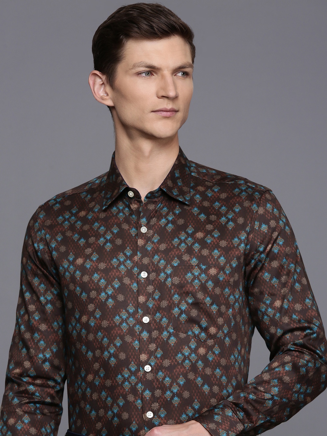 

Louis Philippe Pure Cotton Slim Fit Ethnic Motifs Printed Formal Shirt, Maroon