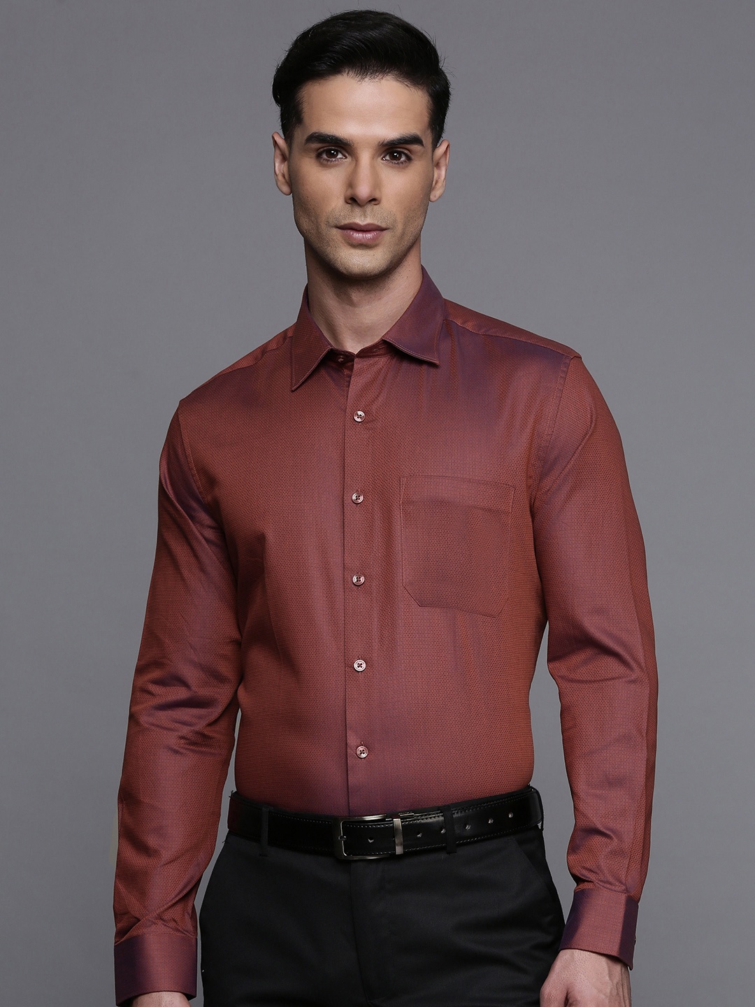 

Louis Philippe Men Slim Fit Textured Pure Cotton Formal Shirt, Maroon