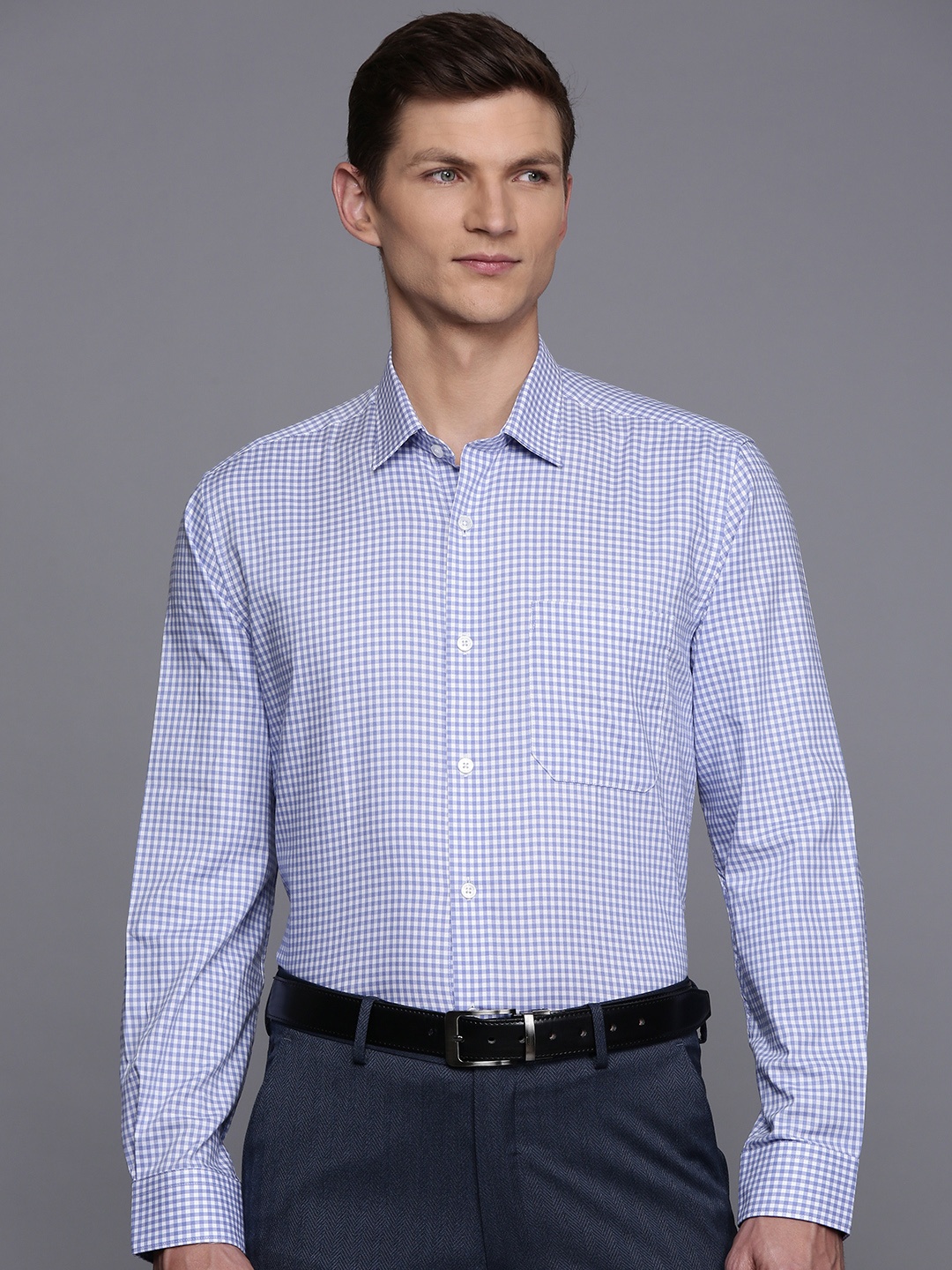 

Louis Philippe Pure Cotton Slim Fit Checked Formal Shirt, Blue