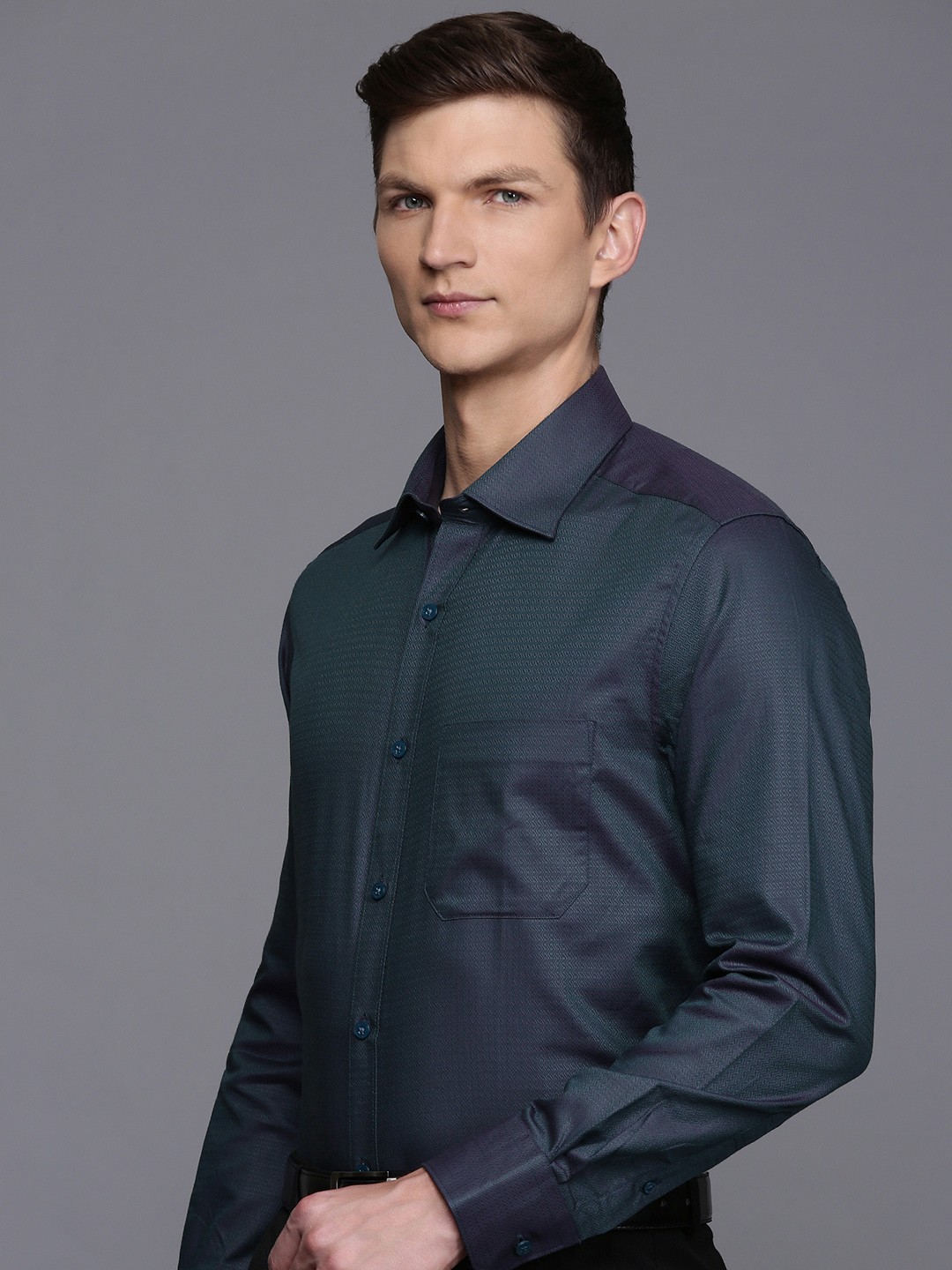 

Louis Philippe Pure Cotton Self Design Textured Classic Formal Shirt, Green