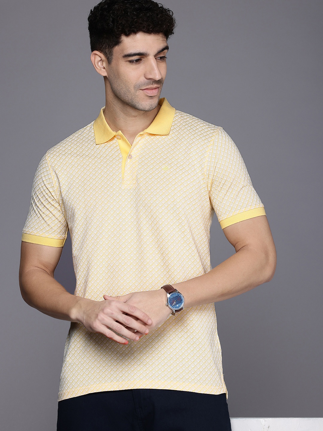 

Louis Philippe Printed Polo Collar Pure Cotton Casual T-shirt, Yellow