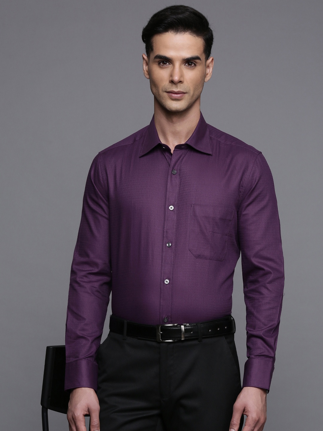 

Louis Philippe Men Classic Fit Textured Pure Cotton Formal Shirt, Purple