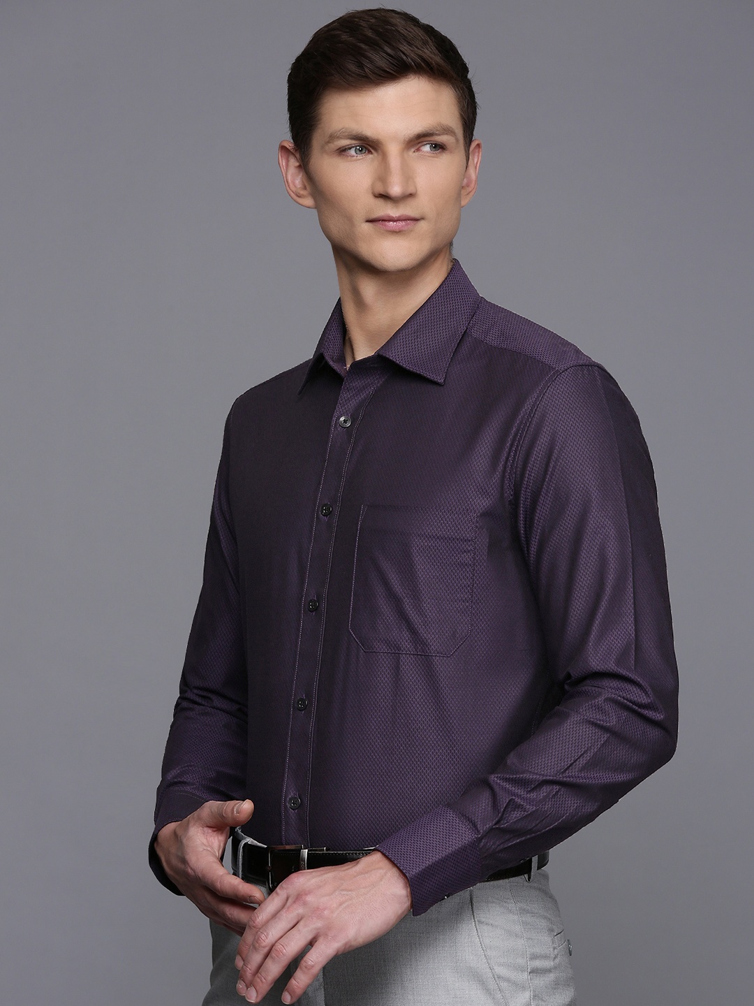 

Louis Philippe Pure Cotton Self Design Textured Classic Formal Shirt, Purple