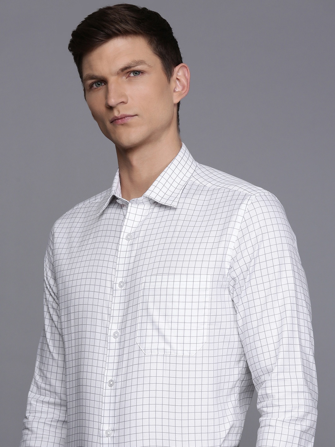 

Louis Philippe Pure Cotton Slim Fit Grid Tattersall Checked Formal Shirt, White