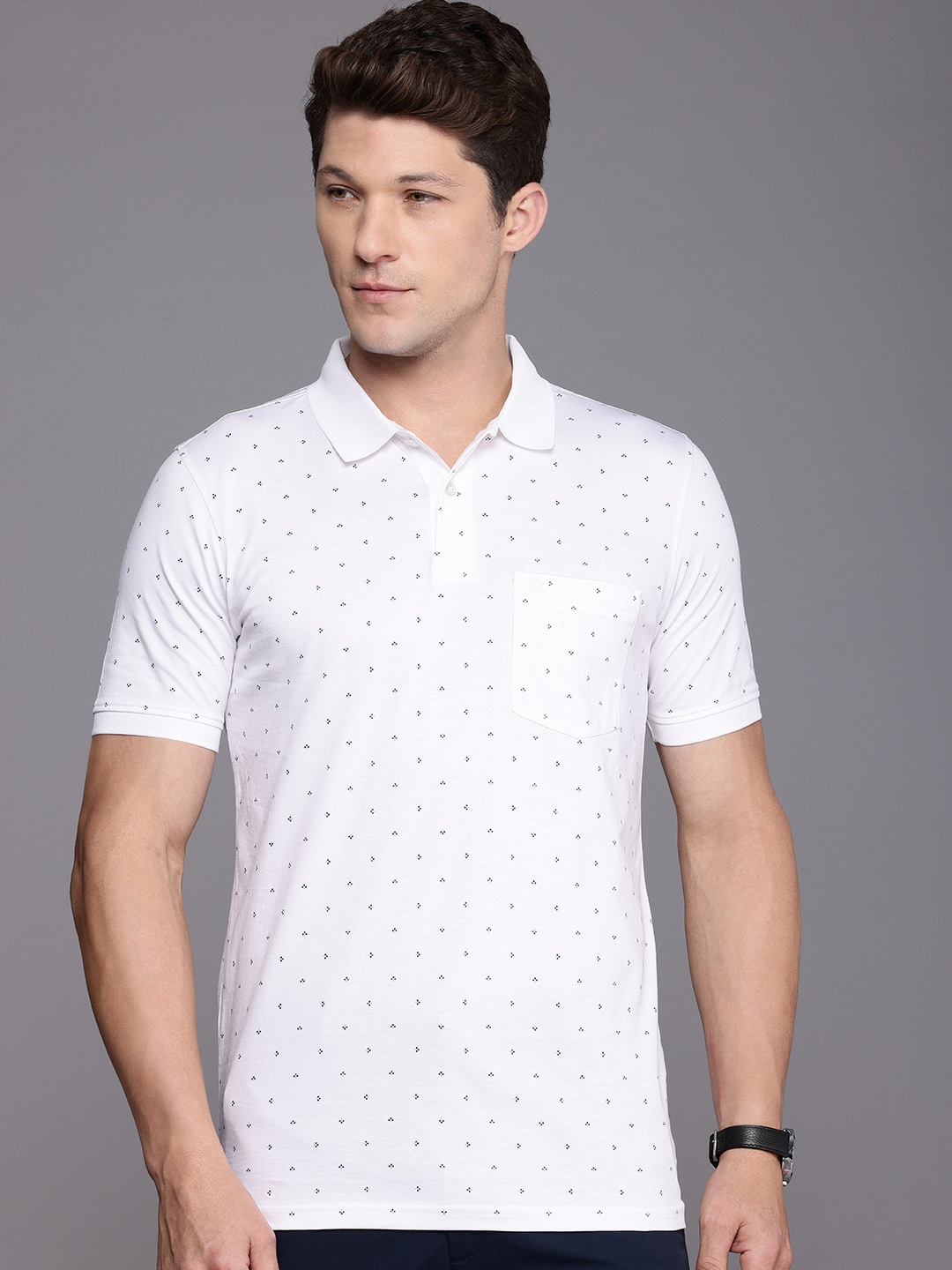 

Louis Philippe Ditsy Printed Polo Collar Pure Cotton Casual T-shirt, White