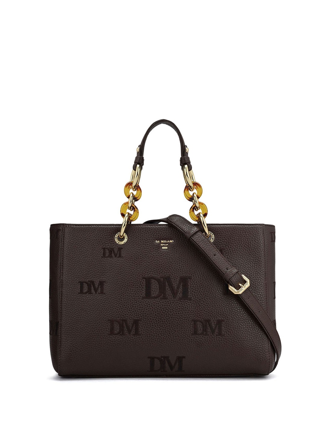 

Da Milano Brand Logo Textured Leather Structured Handheld Bag with Embroidered, Brown