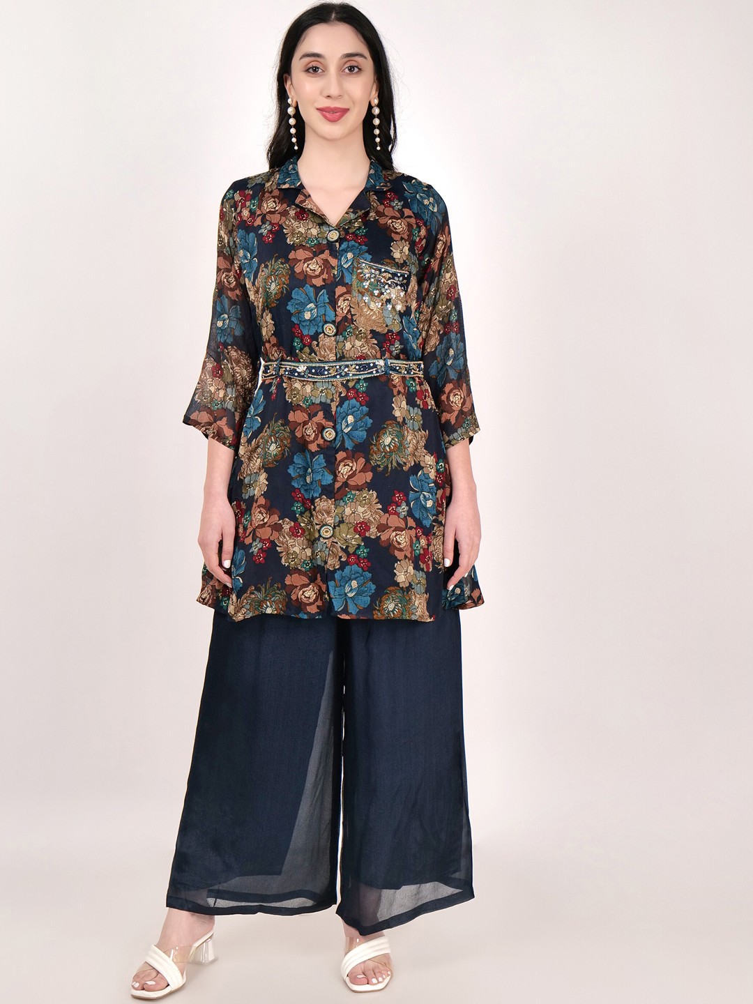 

SHIWANGI COUTURE Printed Pure Slik Tunic & Palazzo Co-ords, Blue