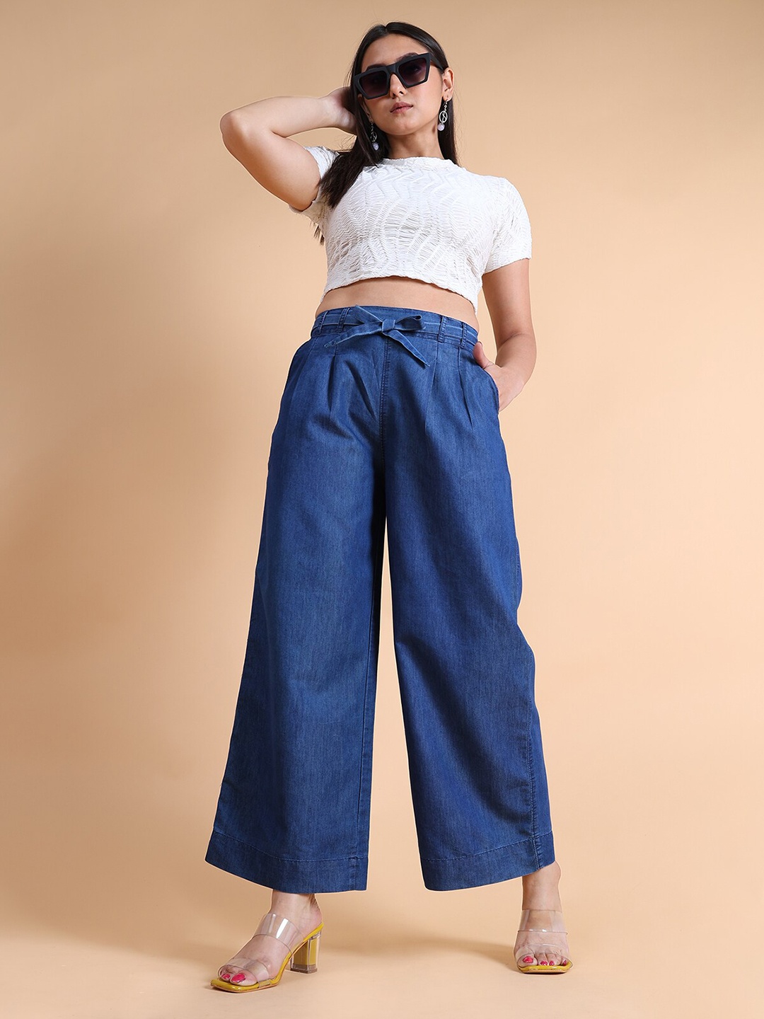 

GRANTH FASHION Women Flared Knitted Palazzos, Navy blue