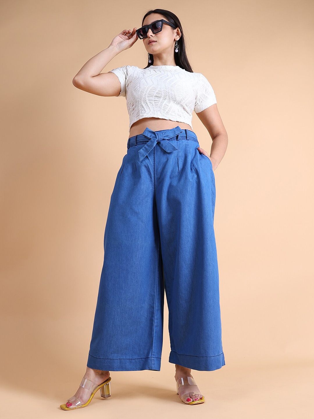 

GRANTH FASHION Women Flared Knitted Palazzos, Turquoise blue