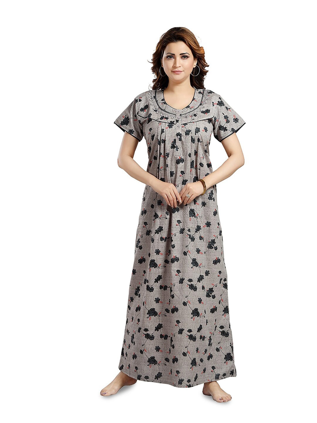 

NIGHT QUEEN Floral Printed Maxi Nightdress, Grey