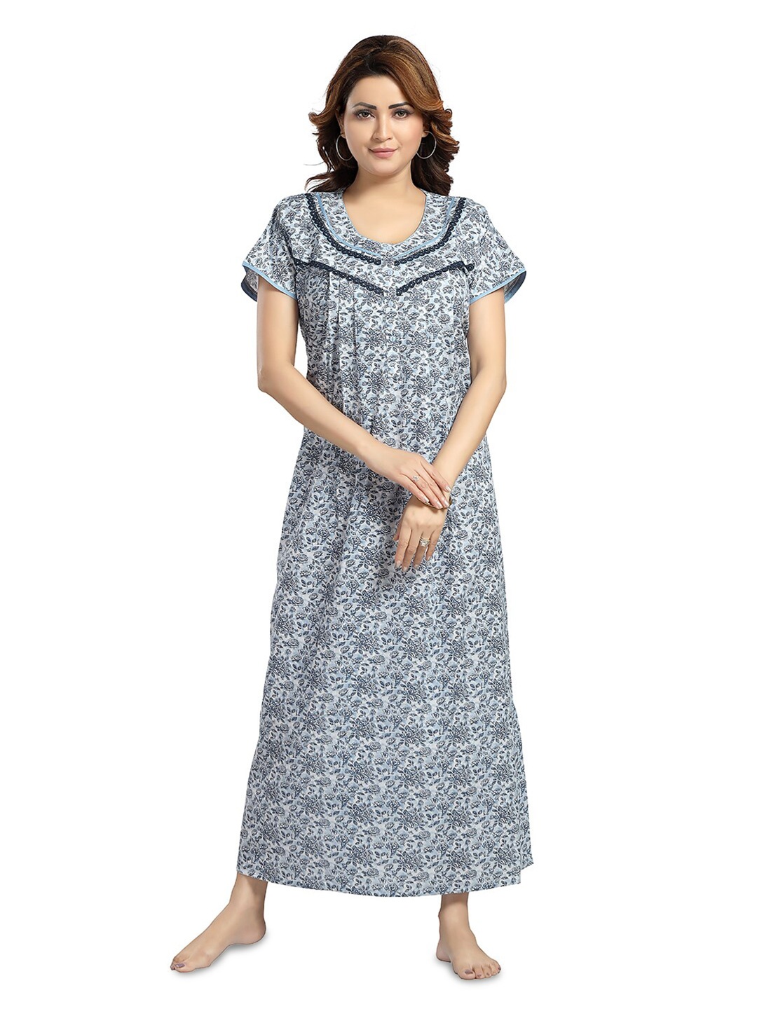 

NIGHT QUEEN Floral Printed Maxi Nightdress, Blue