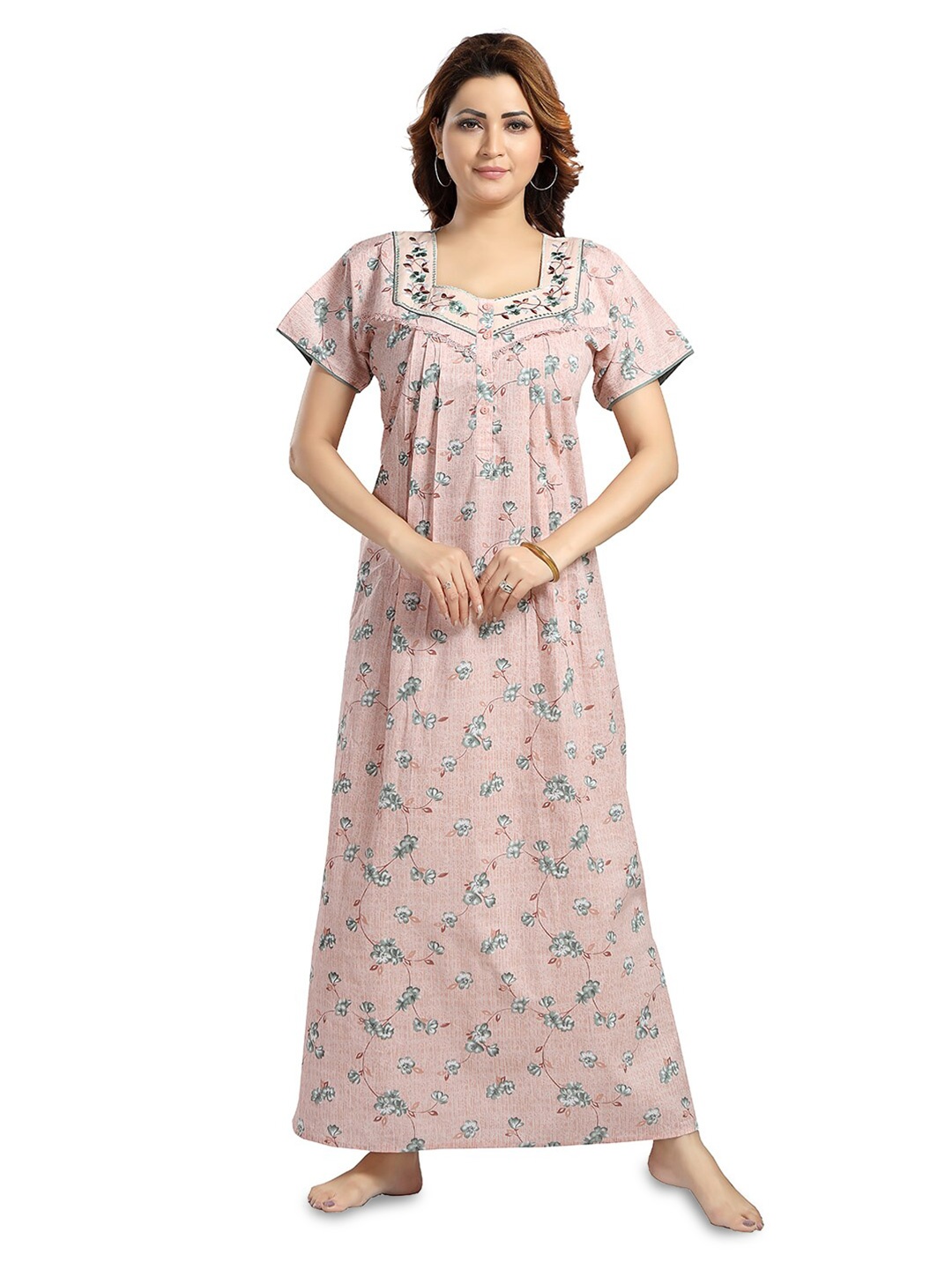 

NIGHT QUEEN Floral Printed Maxi Nightdress, Peach