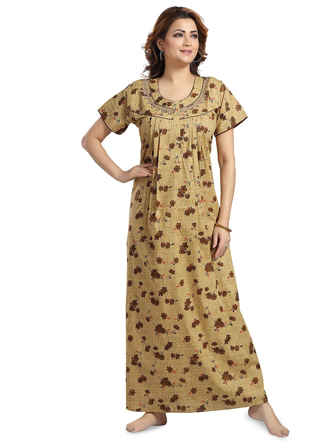 

NIGHT QUEEN Floral Printed Maxi Nightdress, Brown