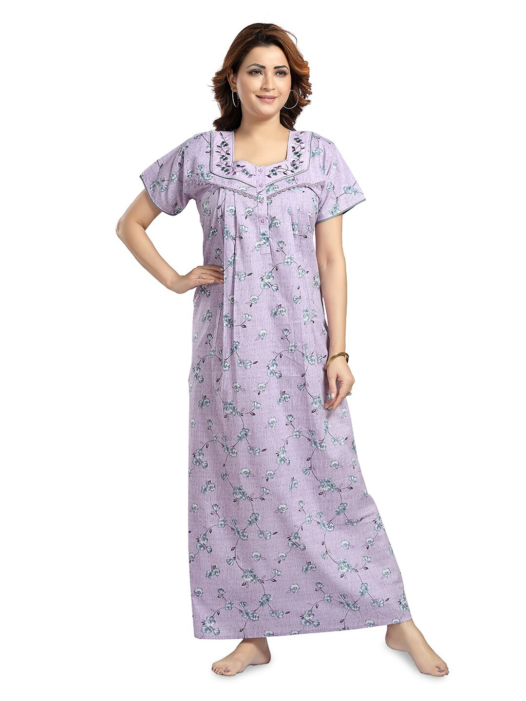 

NIGHT QUEEN Floral Printed Maxi Nightdress, Violet