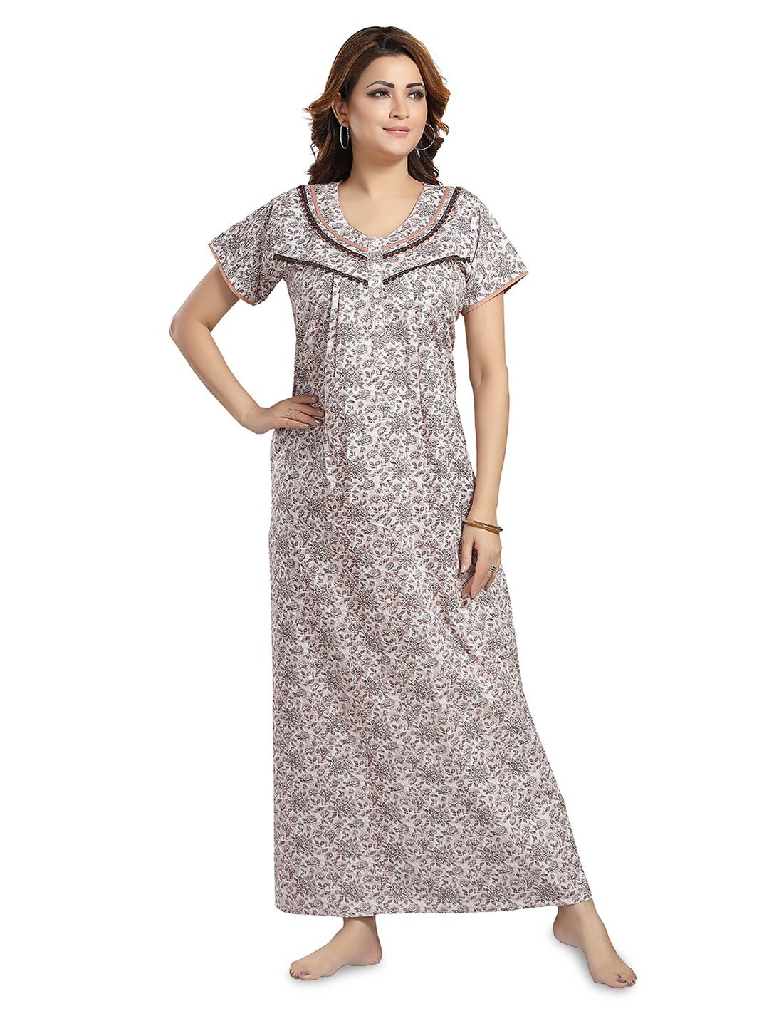 

NIGHT QUEEN Floral Printed Maxi Nightdress, Peach