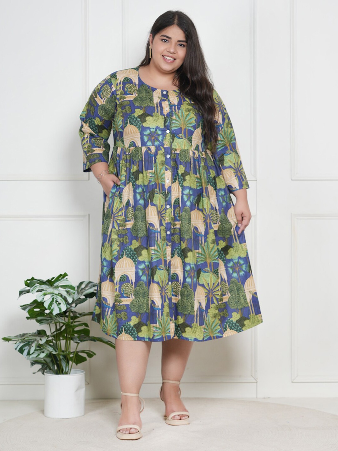 

LastInch Plus Size Floral Print Cotton A-Line Midi Dress, Green